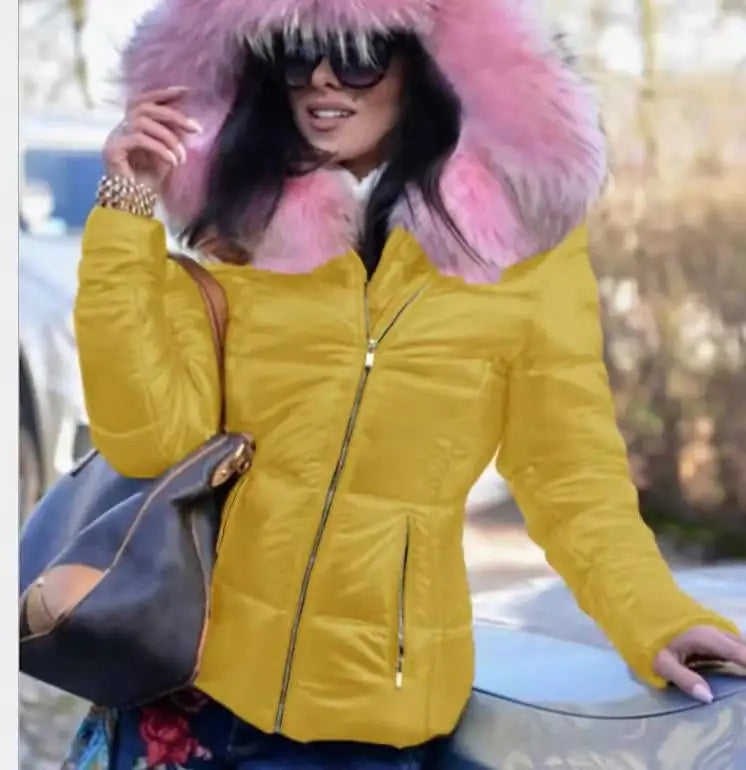 2025 Winter Plus Size Faux Fur Hooded Coat For Women Pu Leather Long Sleeve Jacket Ladies Solid Large Zipper Pocket Warm Outwear