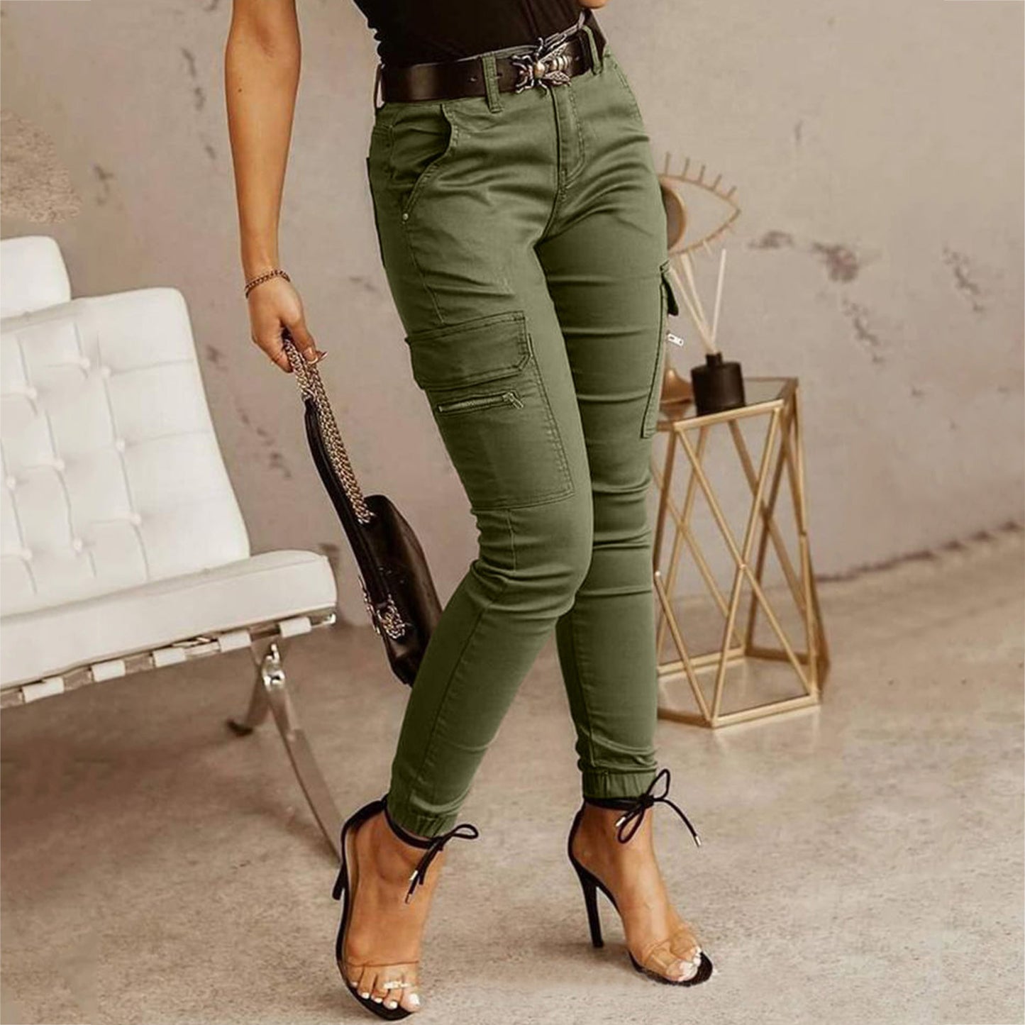 Plus Size Cargo Pants Women Solid Zipper Pocket Design Cargo Pants Without Belt Wide Pants Women High Waist pantalones de mujer