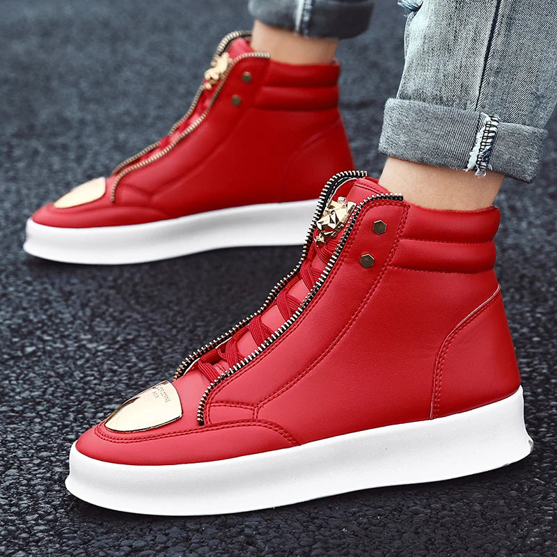 Hot Sale White High Top Sneakers Men Leather Casual Sneakers Fashion Zipper Design Ankle Boots Men Rock Street Hip Hop Shoes Men