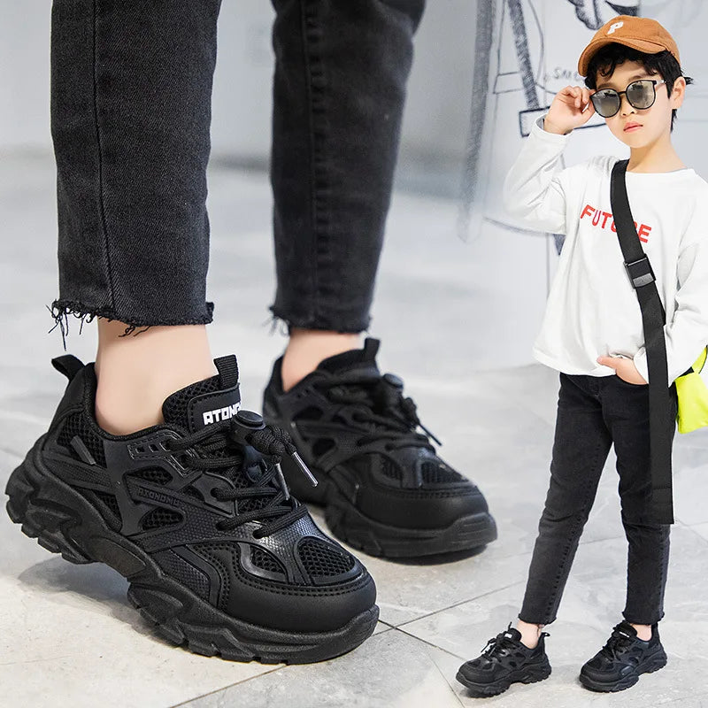 Black Simple Sneakers Lace Up Non-slip Kids Fashion Mesh Breathable Boys Sneakers 2022 Summer New All-match  Girls School Shoes