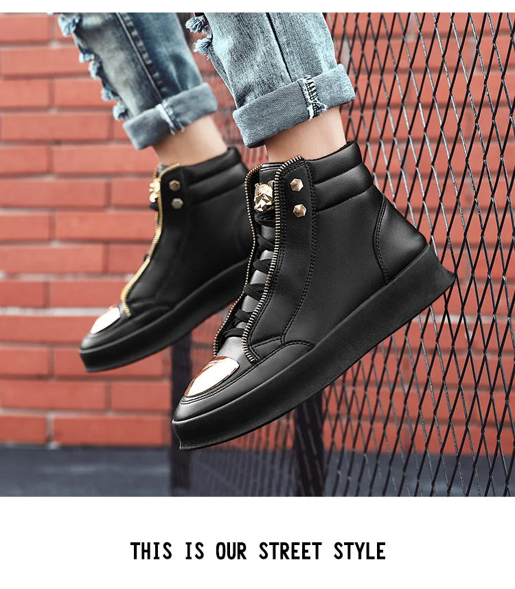 Hot Sale White High Top Sneakers Men Leather Casual Sneakers Fashion Zipper Design Ankle Boots Men Rock Street Hip Hop Shoes Men