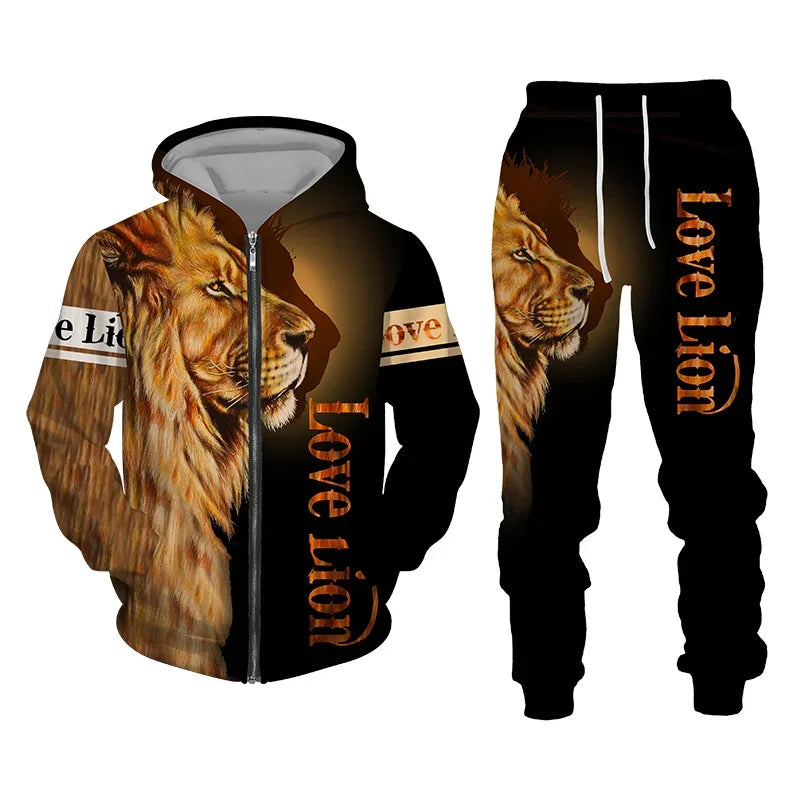 3D The Lion Print Men's Tracksuit Zipper Hoodies Sweatshirts Pants Sets Casual Streetwear Mens Clothing Women's Tracksuit S-6XL