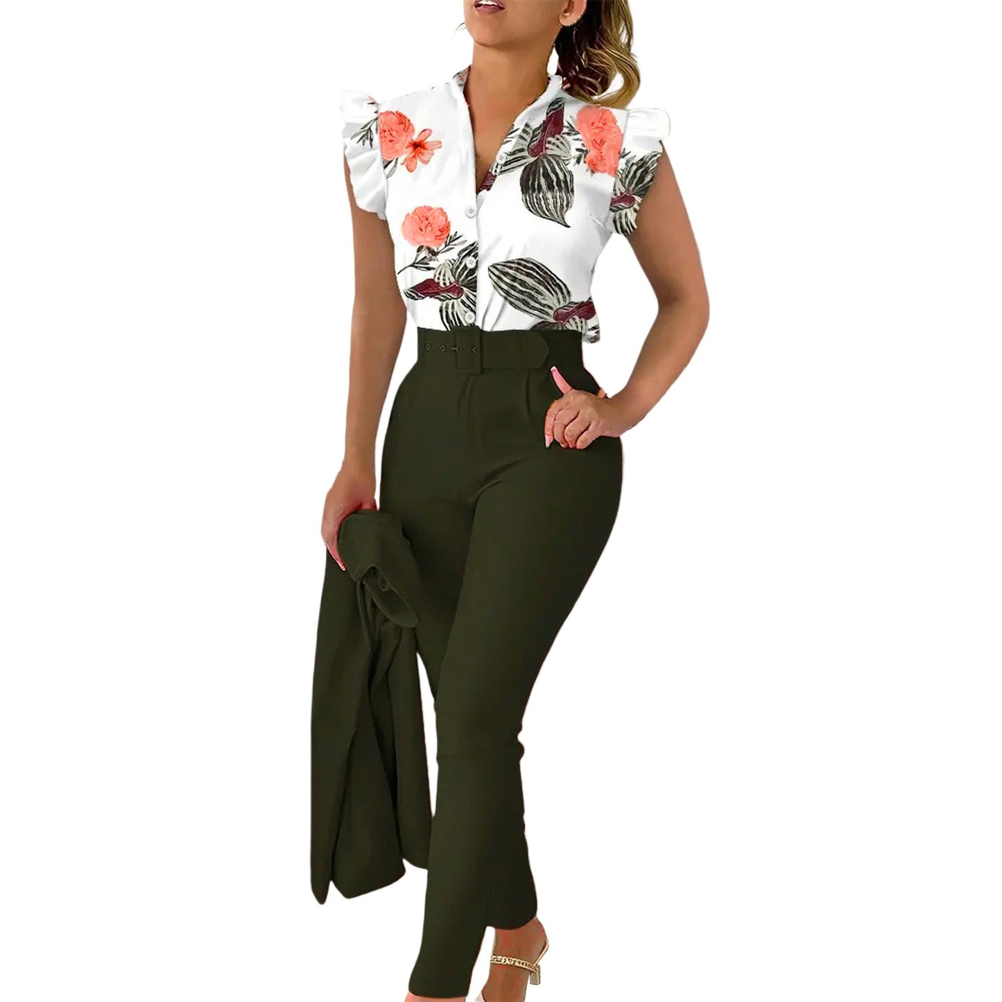 Elegant Short Sleeve Shirt Pants Set Office Lady Fashion V Neck Floral Print Ruffles Trousers Two Piece Set Women Outfit 2023