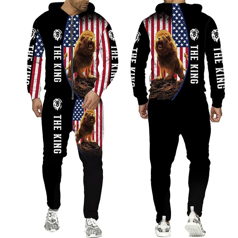 3D The Lion Print Men's Tracksuit Zipper Hoodies Sweatshirts Pants Sets Casual Streetwear Mens Clothing Women's Tracksuit S-6XL