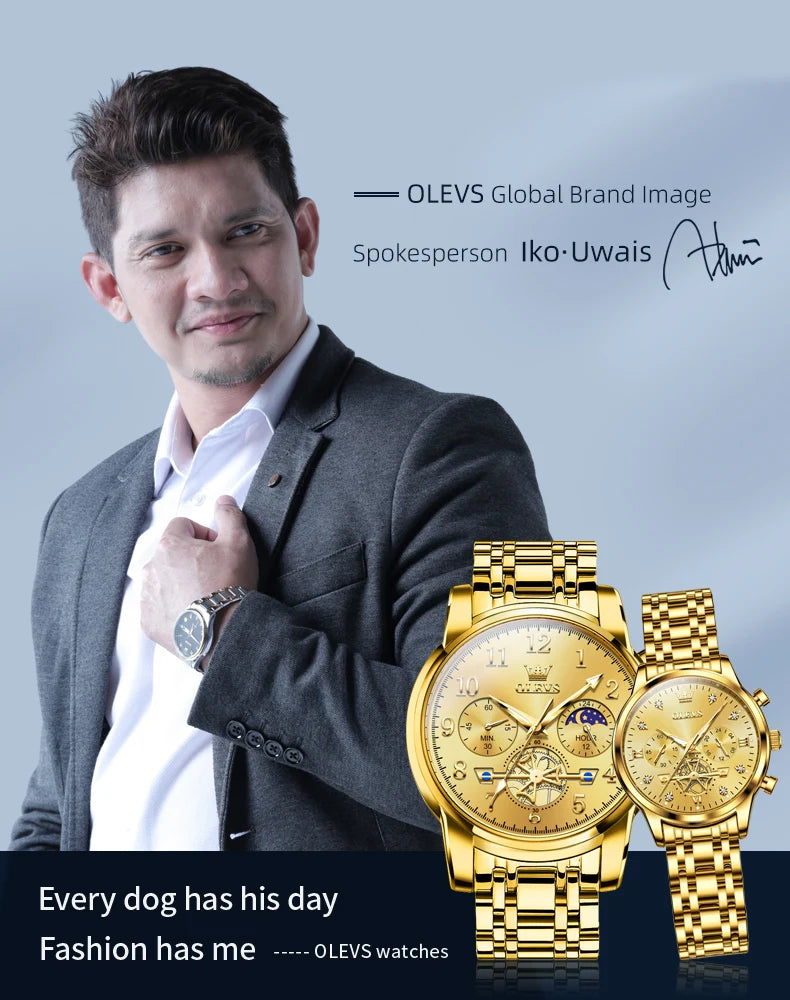 OLEVS New Flywheel Design Luxury Couple Watch Waterproof Moon Phase Chronograph Brand Original Quartz Wrist Watch for Men Women