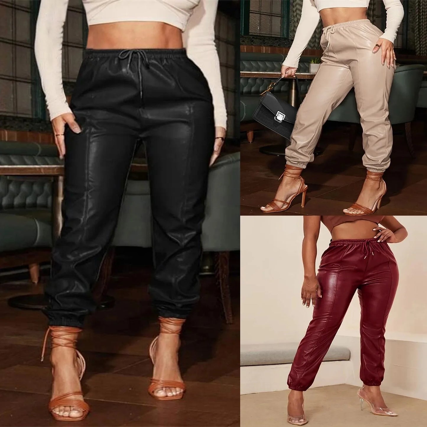 Leather Pants (incl. Belt) Mid-Waist Fashion Straight Leg