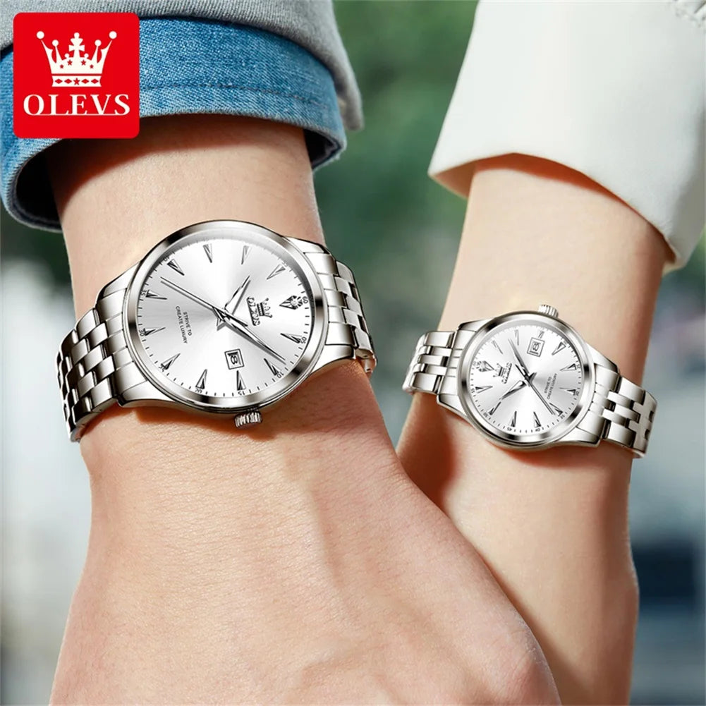 OLEVS Top Luxury Brand Couple Watch Waterproof Stainless Steel Quartz Watch for Men's and Lady's Date Lover Original Wristwatch