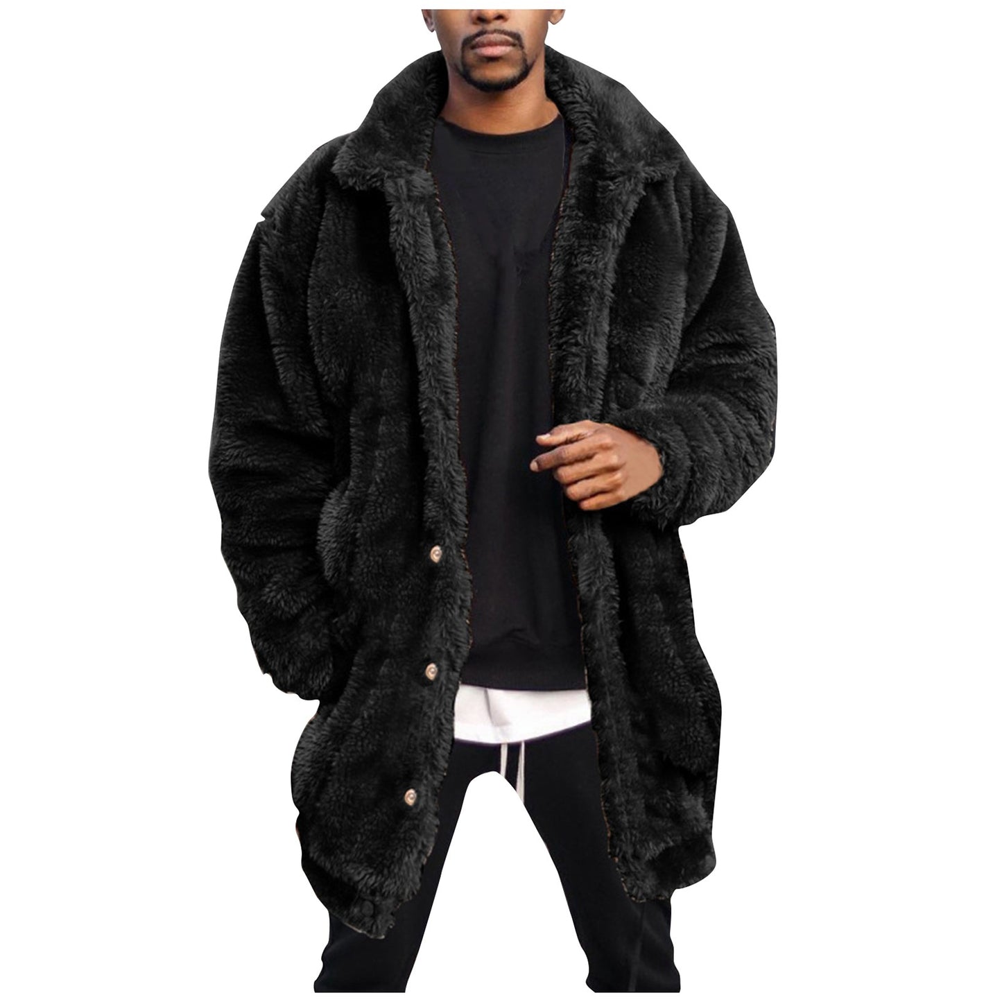 Winter Men Fluffy Fleece Thick Warm Coat Jacket Long Sleeve Hooded Coat Plush Buttons Closure Thicken Warm Men Coat Outerwear