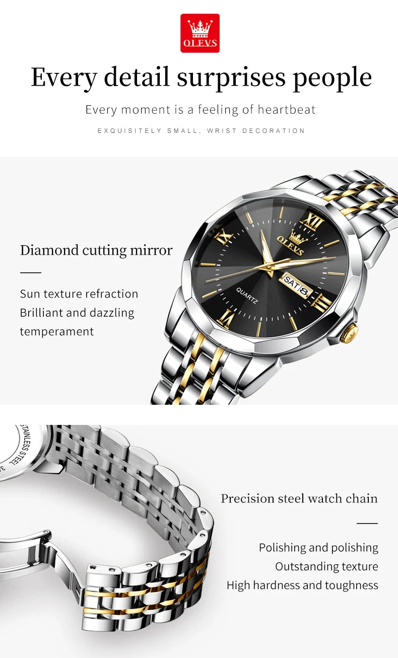 OLEVS Couple Watch Pair for Men Women Calendar Stainless steel His and Her Watches Classic Fashion Couple Wristwatches Set Gift