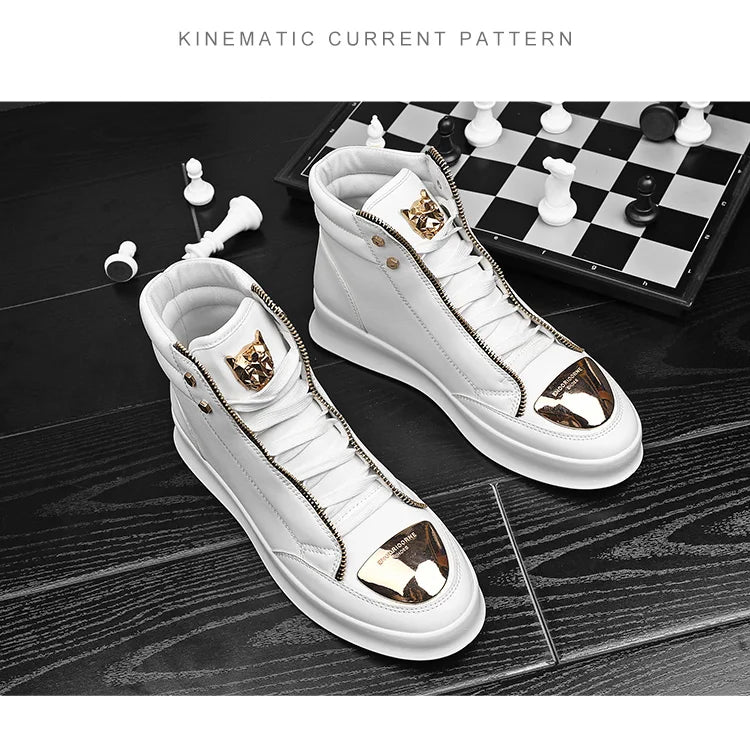 Hot Sale White High Top Sneakers Men Leather Casual Sneakers Fashion Zipper Design Ankle Boots Men Rock Street Hip Hop Shoes Men