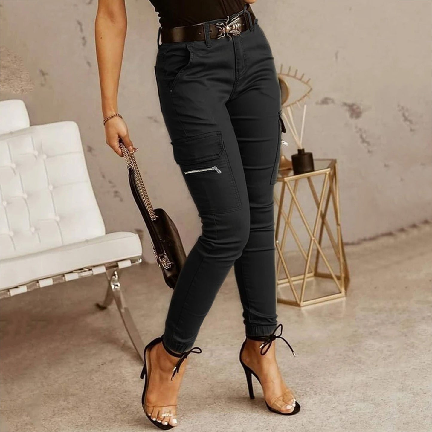 Plus Size Cargo Pants Women Solid Zipper Pocket Design Cargo Pants Without Belt Wide Pants Women High Waist pantalones de mujer