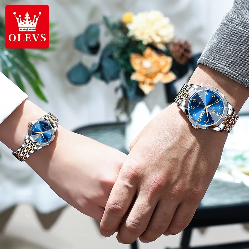 OLEVS 9970 Luxury Couple Watch Men Women Stainless Steel Waterproof Calendar Wristwatch Digital Dial Rhombus Mirror Lovers Watch