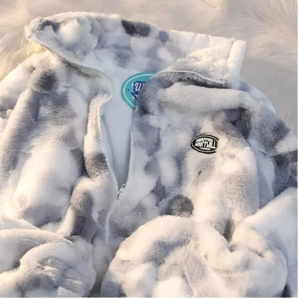 Women Tie Dye Fleece Jacket Coat 2024 Autumn Winter Girl Zipper Outerwear Warm Plush Jackets Harajuku Loose Female Blue Coat