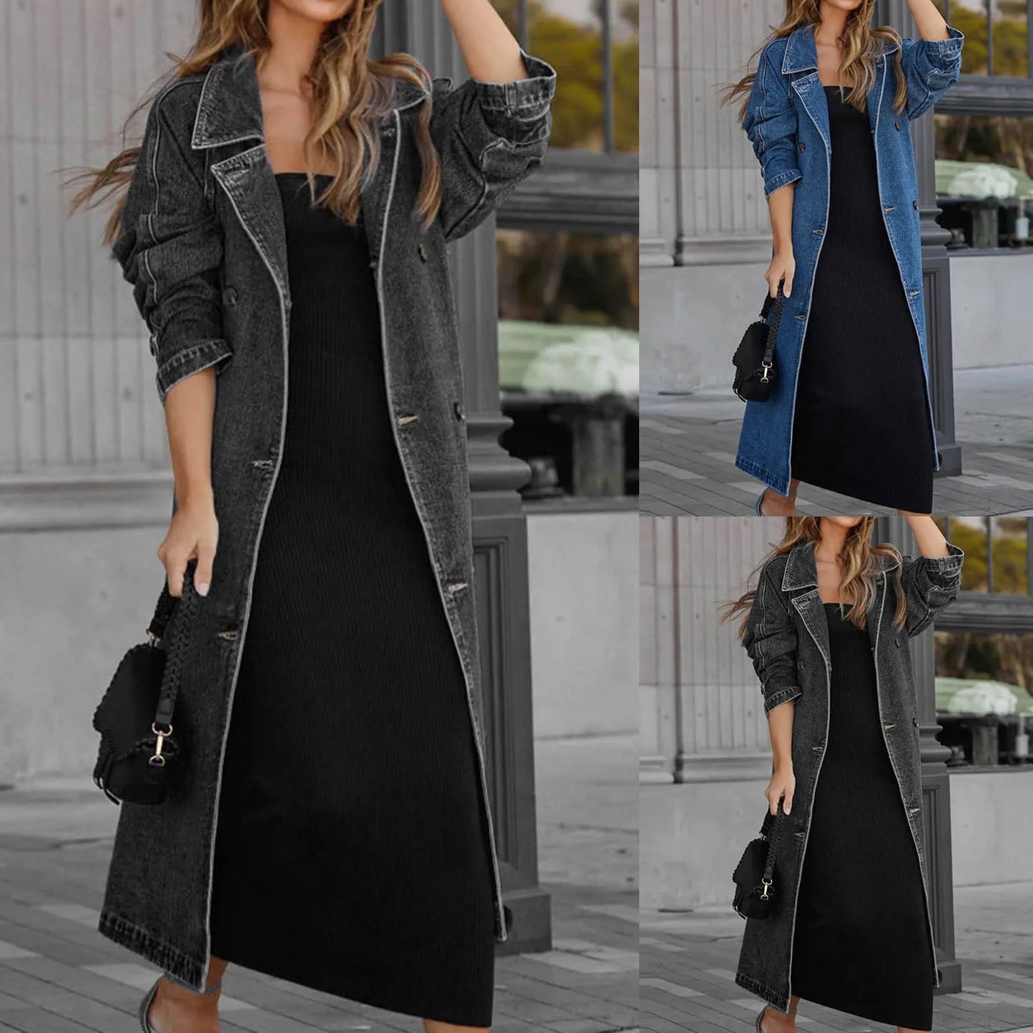 Deep Blue Vintage Midi Long Jean Jacket Trench Coat