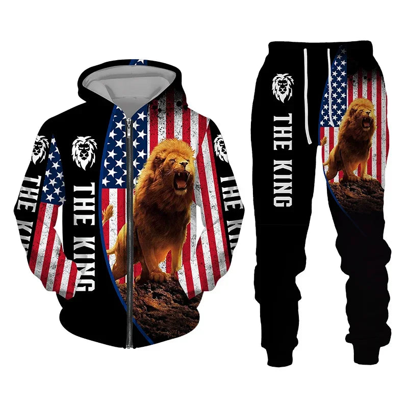 3D The Lion Print Men's Tracksuit Zipper Hoodies Sweatshirts Pants Sets Casual Streetwear Mens Clothing Women's Tracksuit S-6XL