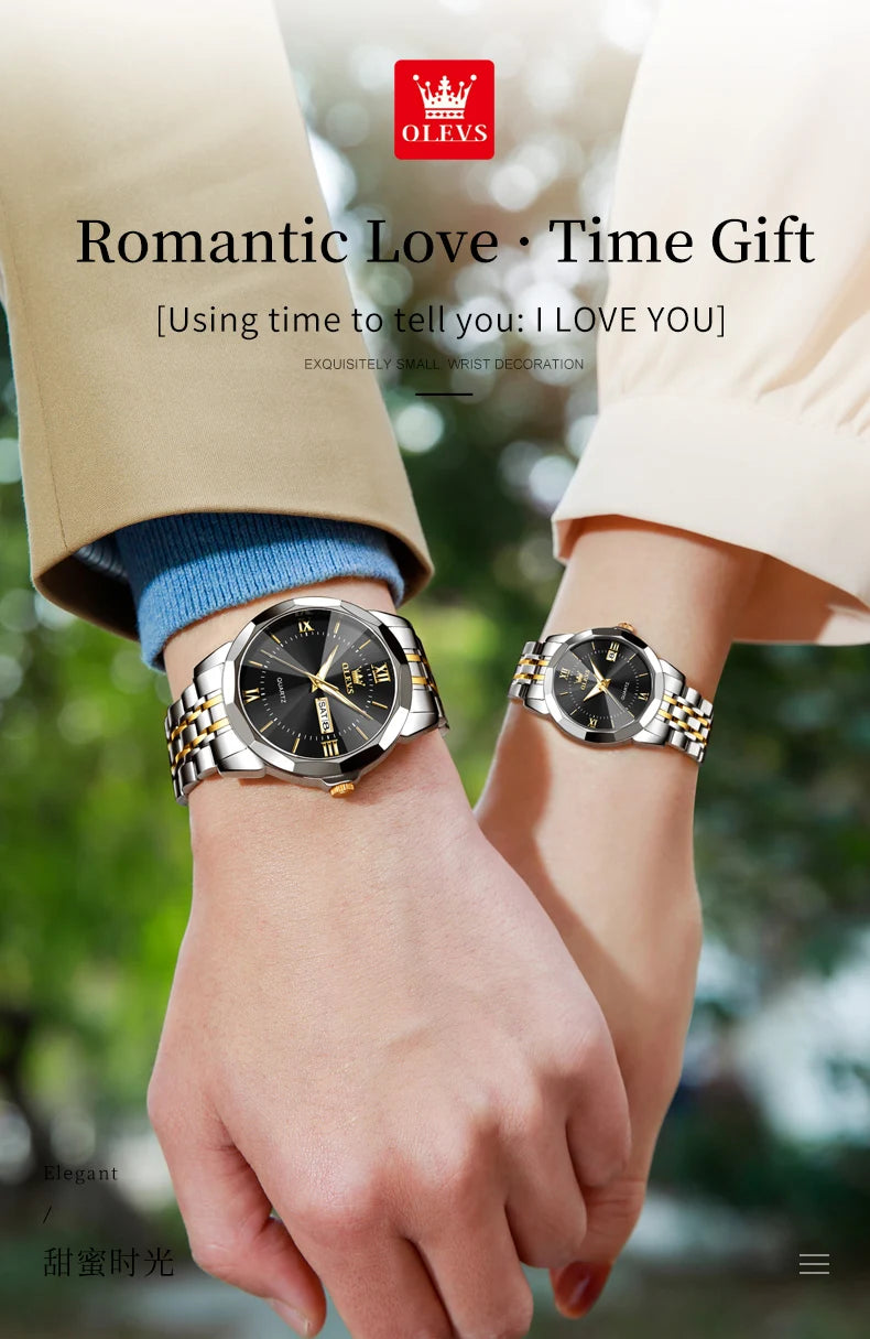 OLEVS Couple Watch Pair for Men Women Calendar Stainless steel His and Her Watches Classic Fashion Couple Wristwatches Set Gift