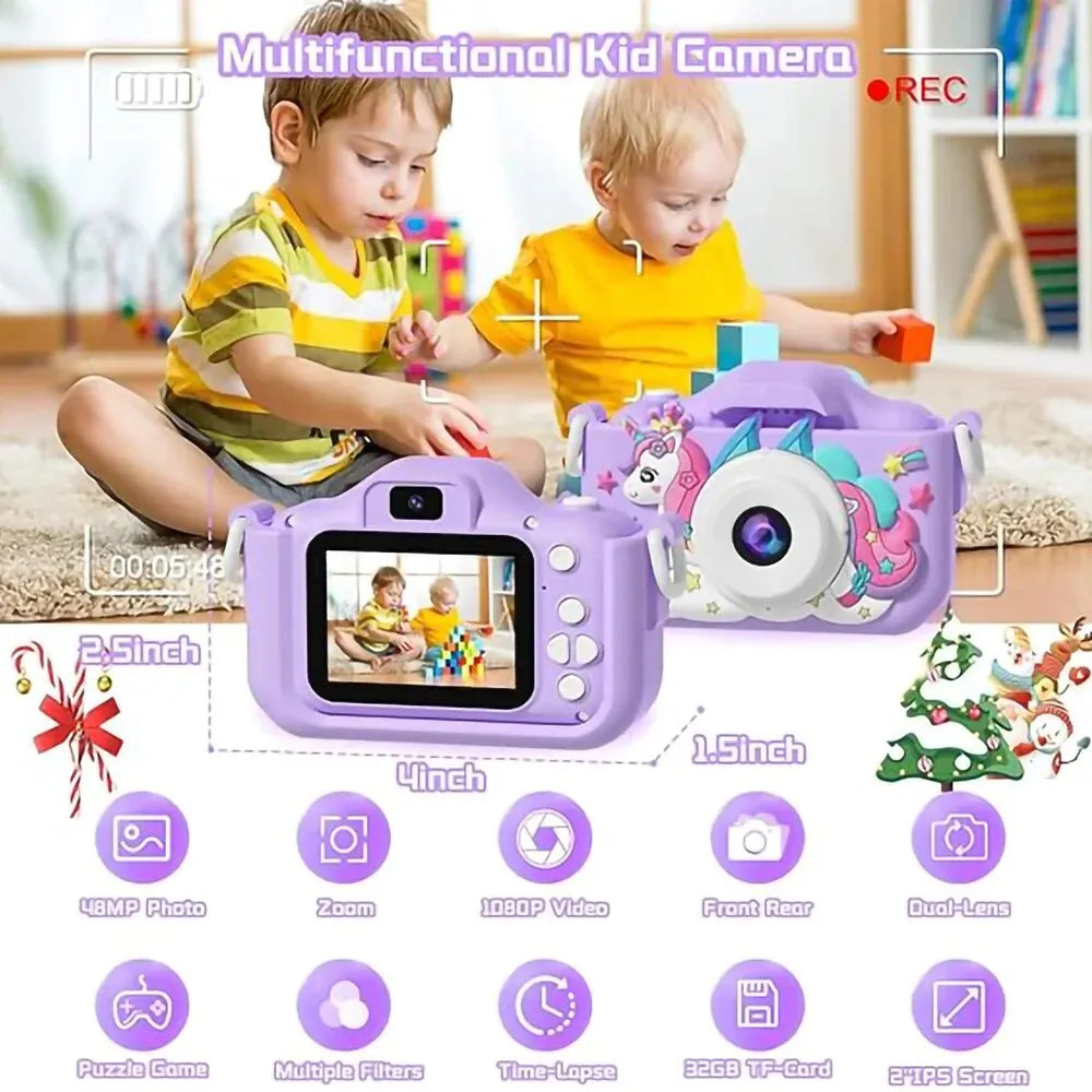 Unicorn HD Children Camera Toys Dual Front And Rear Cameras Selfie Video Camera Suitable For 3-12 Years Old Kids Birthday Gift