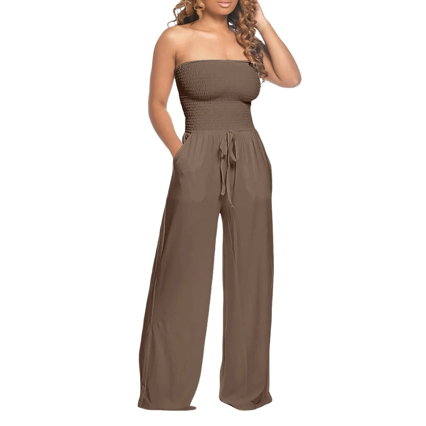 Sleeveless Strapless Lace Up Wide Leg Jumpsuit