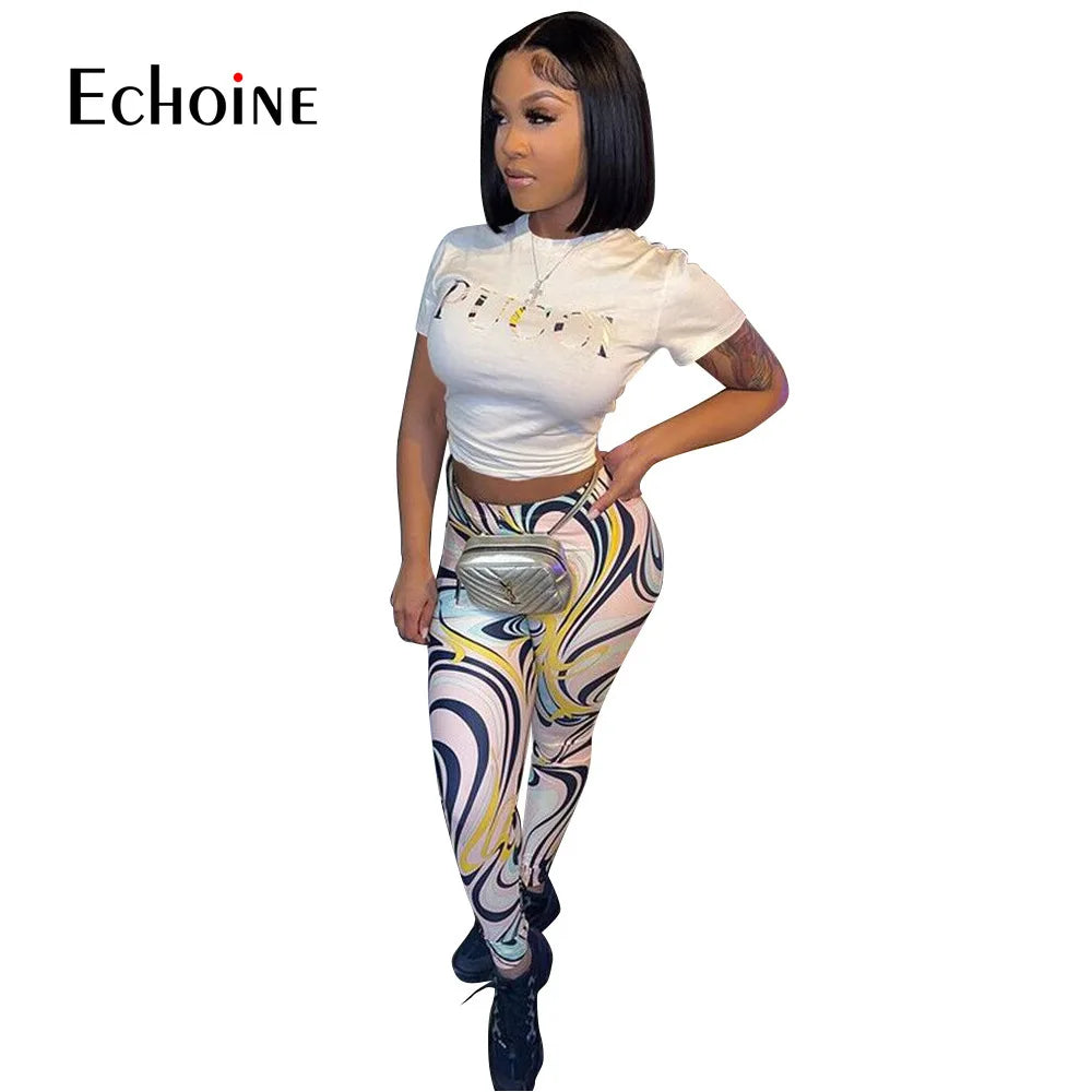 Echoine Letter Print Slim Fit Two Piece Set Spring Woman O Neck Short Sleeve T-Shirt Crop Top with Pencil Pants Casual Outfits