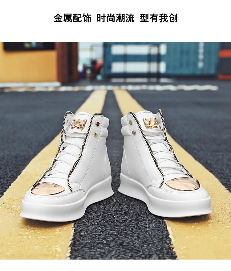 Hot Sale White High Top Sneakers Men Leather Casual Sneakers Fashion Zipper Design Ankle Boots Men Rock Street Hip Hop Shoes Men