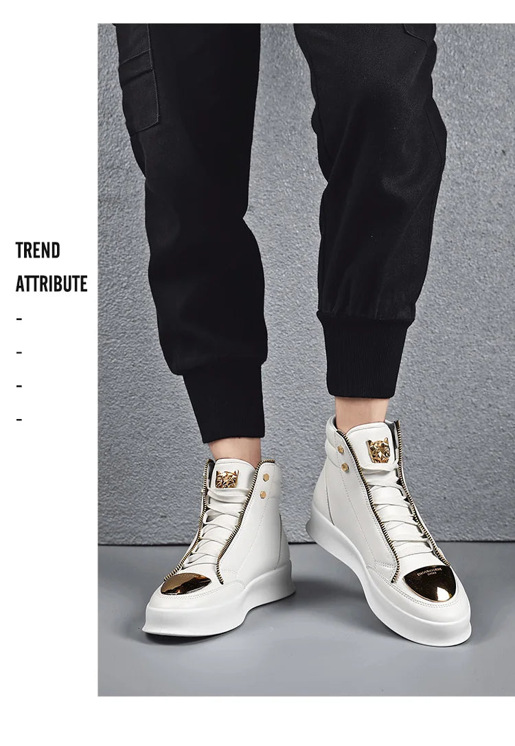 Hot Sale White High Top Sneakers Men Leather Casual Sneakers Fashion Zipper Design Ankle Boots Men Rock Street Hip Hop Shoes Men