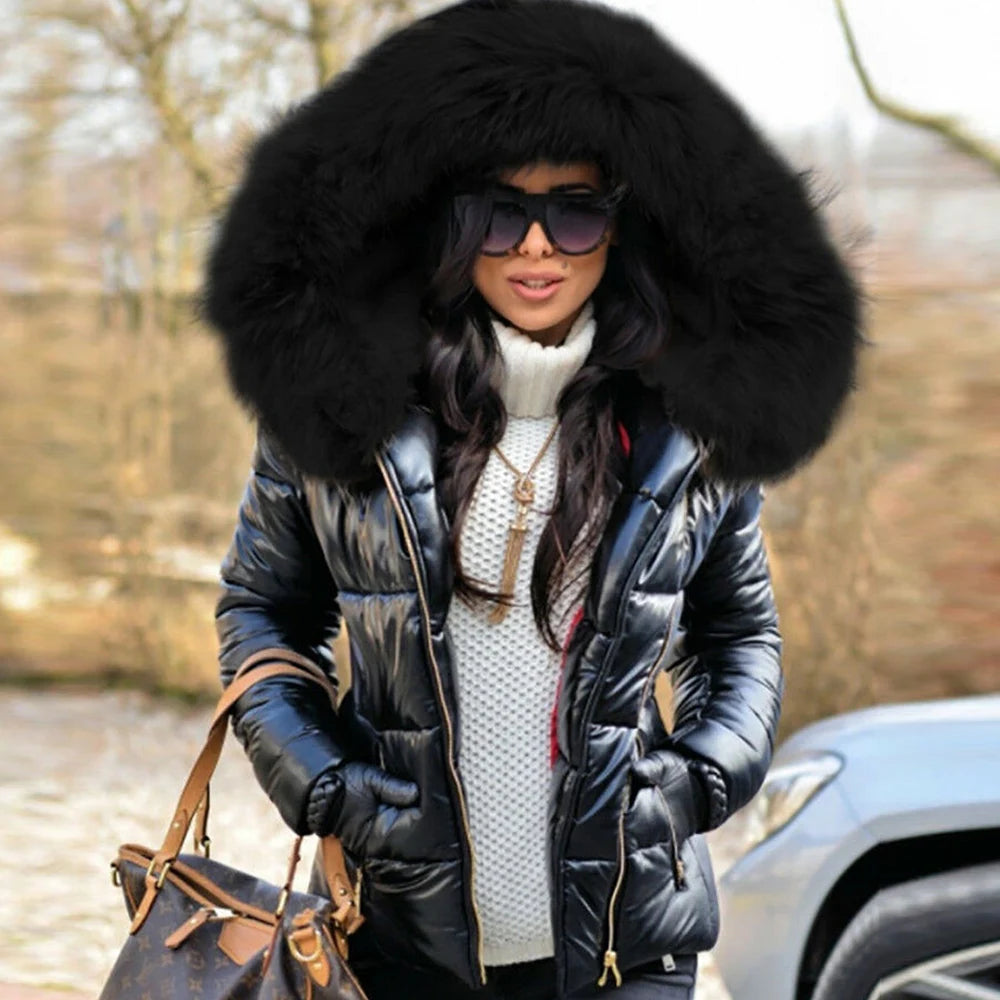 2025 Winter Plus Size Faux Fur Hooded Coat For Women Pu Leather Long Sleeve Jacket Ladies Solid Large Zipper Pocket Warm Outwear