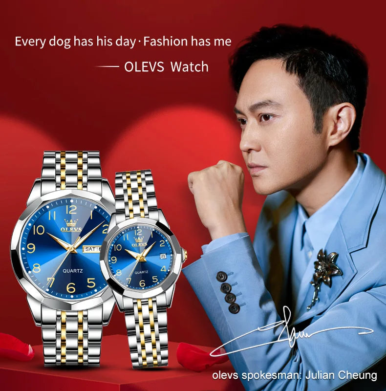 OLEVS 9970 Luxury Couple Watch Men Women Stainless Steel Waterproof Calendar Wristwatch Digital Dial Rhombus Mirror Lovers Watch