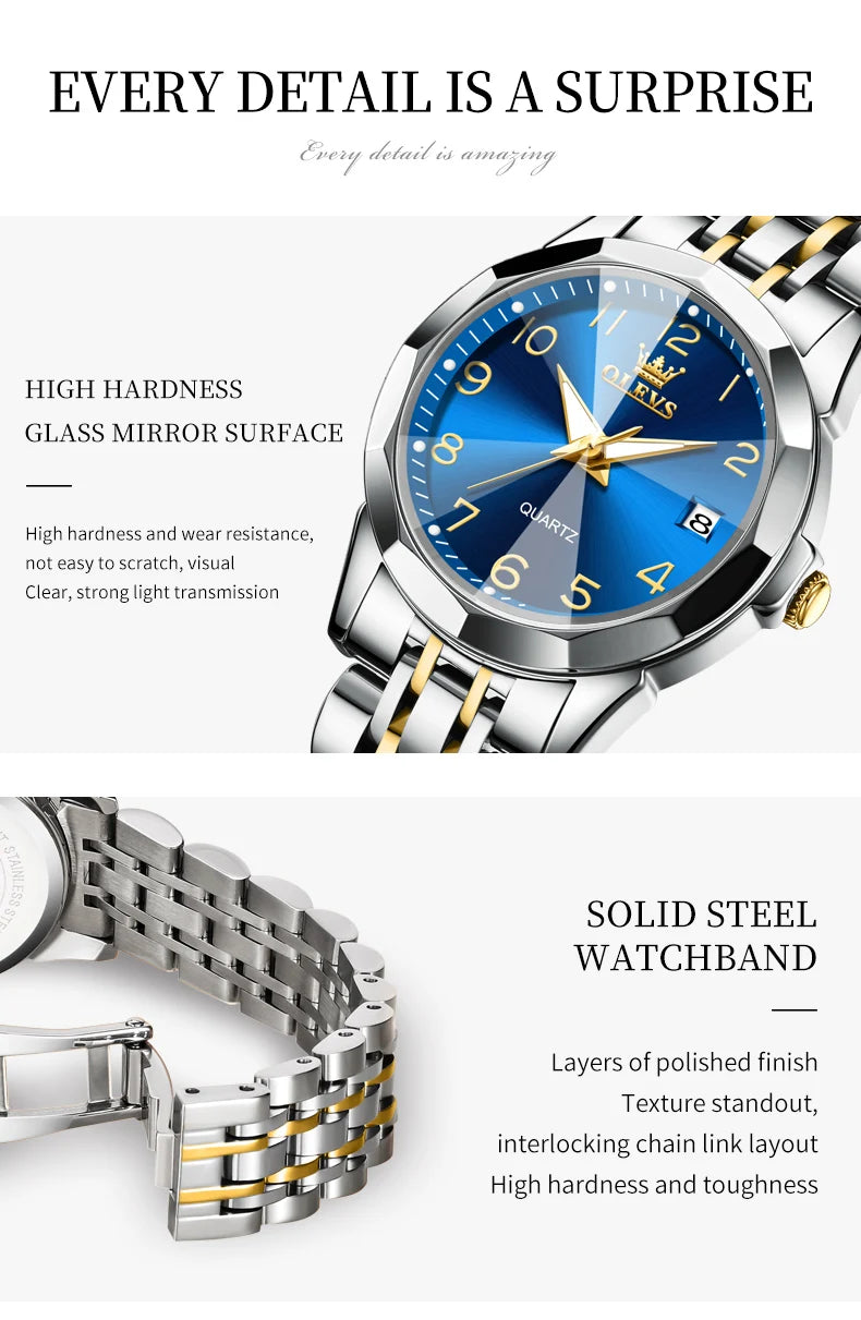 OLEVS 9970 Luxury Couple Watch Men Women Stainless Steel Waterproof Calendar Wristwatch Digital Dial Rhombus Mirror Lovers Watch