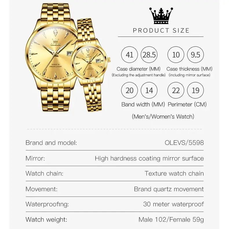 OLEVS 5598 Top Luxury Couple Quartz Watch Elegant Women's Stainless Steel Waterproof Luminous Date Fashion Watch Brand Men Watch