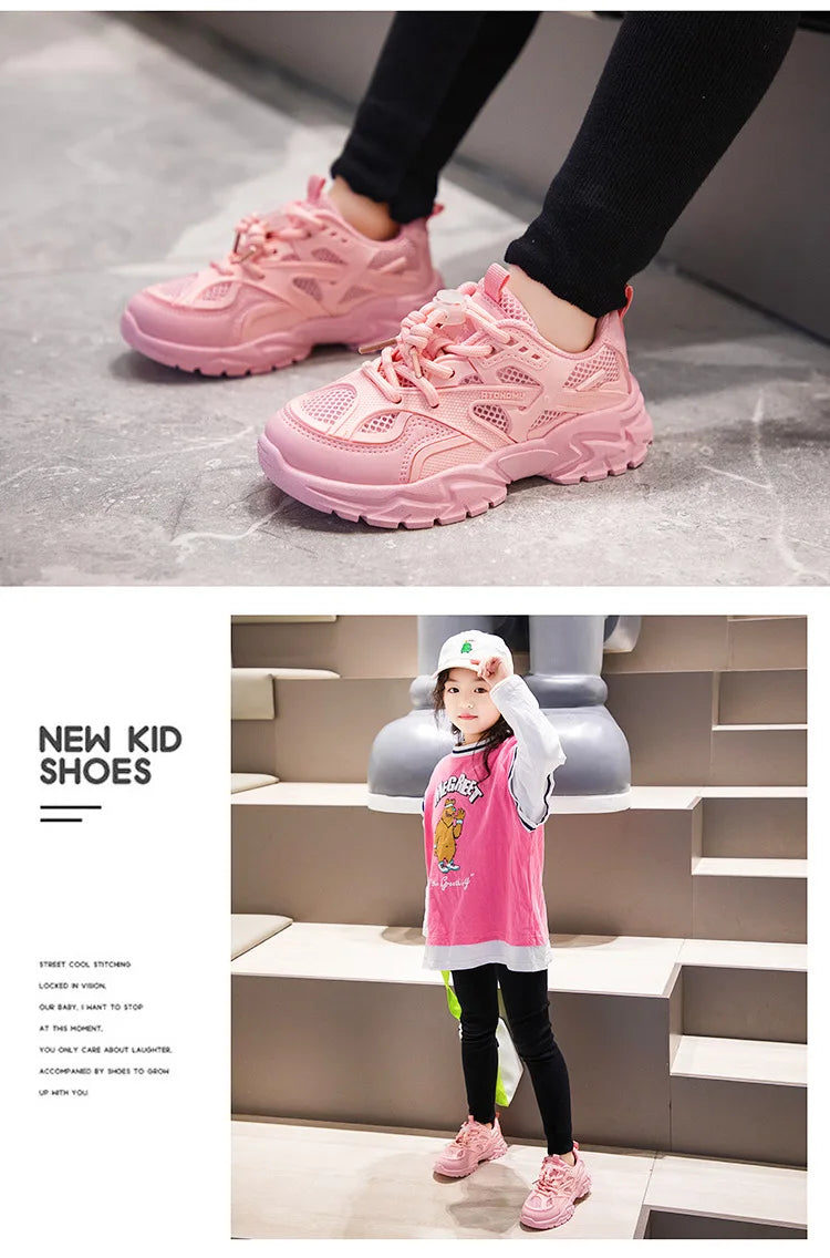 Black Simple Sneakers Lace Up Non-slip Kids Fashion Mesh Breathable Boys Sneakers 2022 Summer New All-match  Girls School Shoes