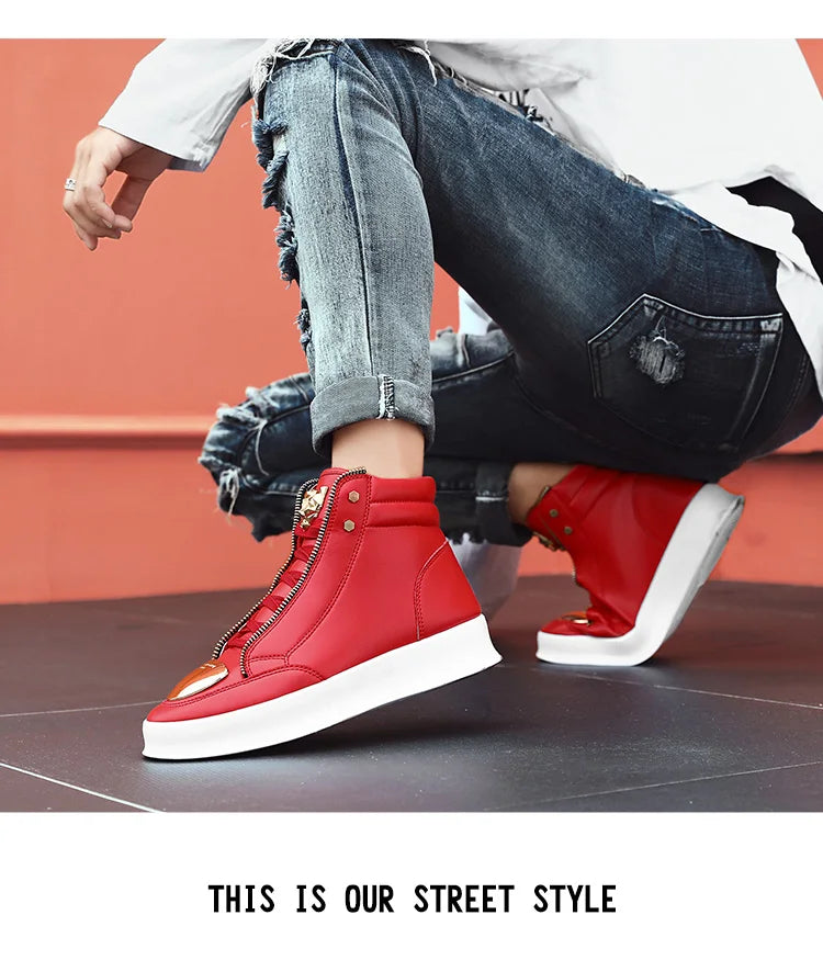 Hot Sale White High Top Sneakers Men Leather Casual Sneakers Fashion Zipper Design Ankle Boots Men Rock Street Hip Hop Shoes Men