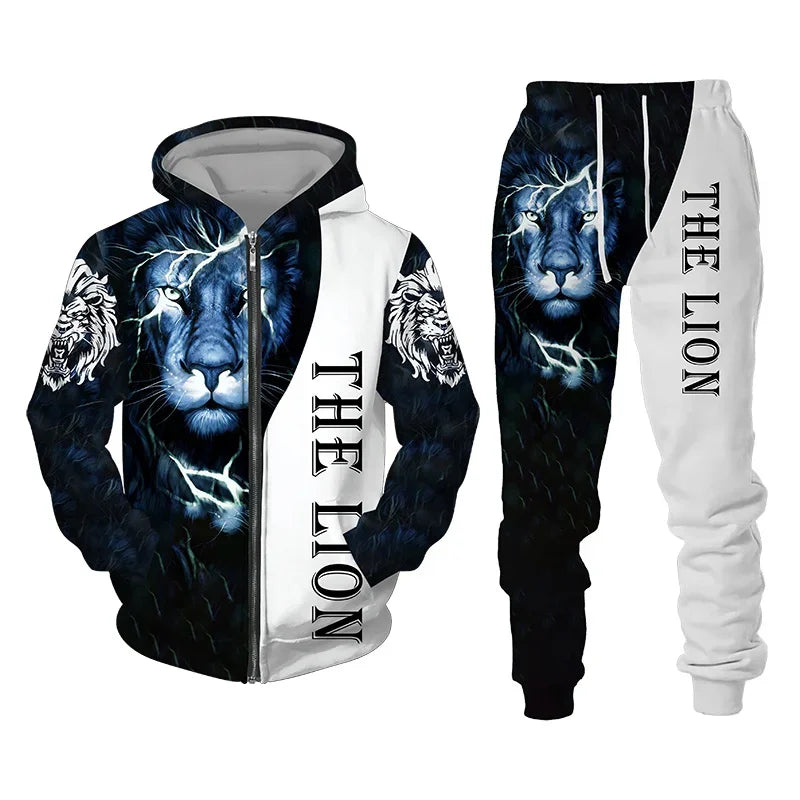 3D The Lion Print Men's Tracksuit Zipper Hoodies Sweatshirts Pants Sets Casual Streetwear Mens Clothing Women's Tracksuit S-6XL