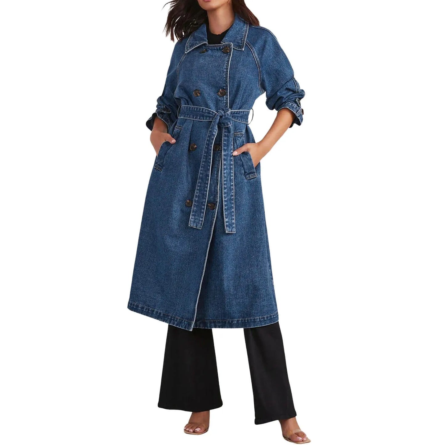 Deep Blue Vintage Midi Long Jean Jacket Trench Coat