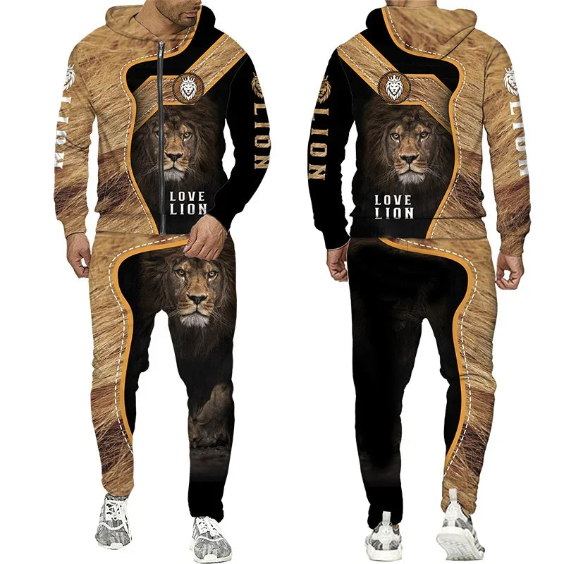 3D The Lion Print Men's Tracksuit Zipper Hoodies Sweatshirts Pants Sets Casual Streetwear Mens Clothing Women's Tracksuit S-6XL