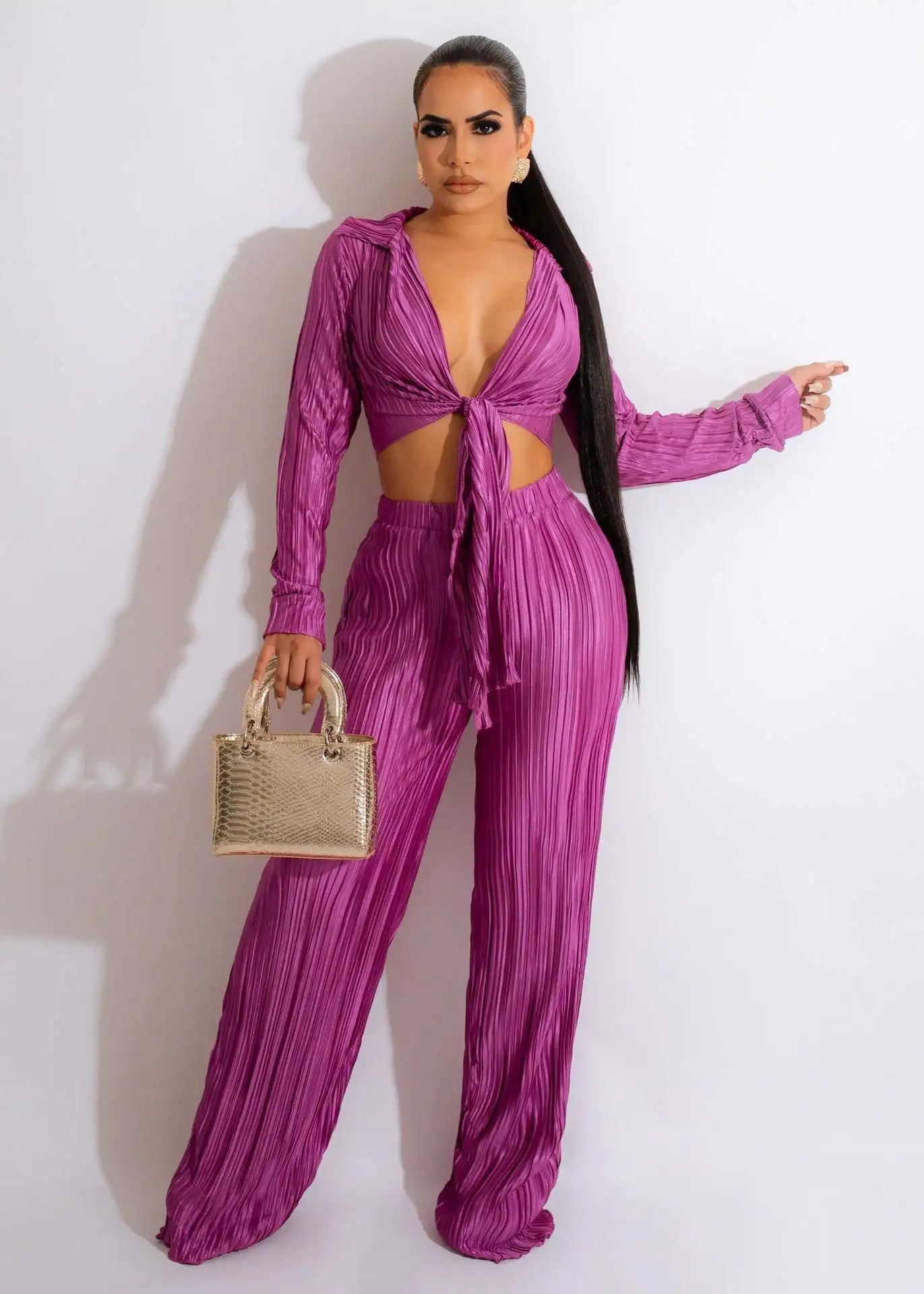 Elegant Pleated Ladies 2 Piece Set Women Sexy Lace Up V Neck Long Sleeve Crop Top + Wide Leg Pants Club Fall Outfits Tracksuit