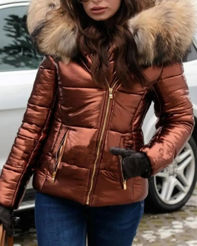 2025 Winter Plus Size Faux Fur Hooded Coat For Women Pu Leather Long Sleeve Jacket Ladies Solid Large Zipper Pocket Warm Outwear