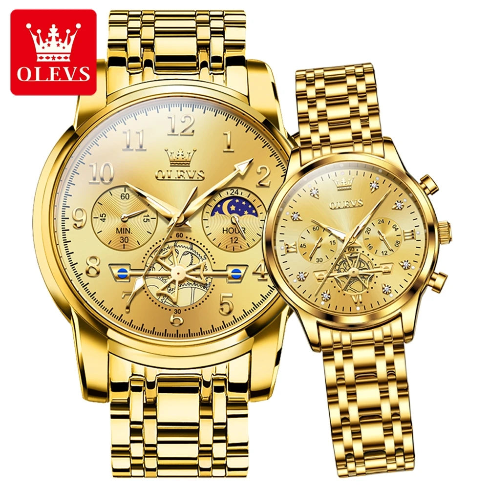 OLEVS New Flywheel Design Luxury Couple Watch Waterproof Moon Phase Chronograph Brand Original Quartz Wrist Watch for Men Women