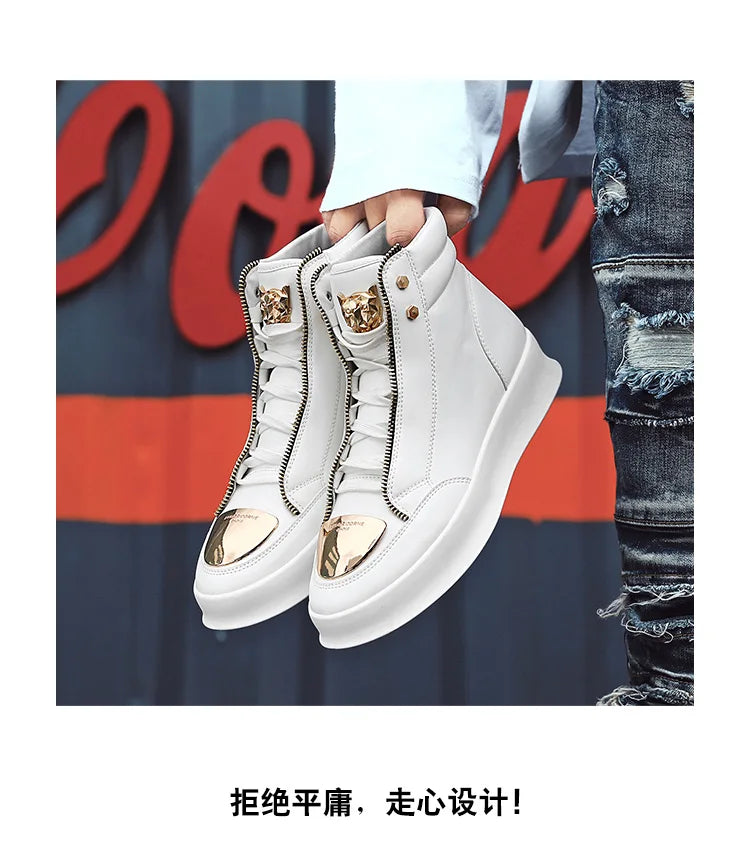 Hot Sale White High Top Sneakers Men Leather Casual Sneakers Fashion Zipper Design Ankle Boots Men Rock Street Hip Hop Shoes Men