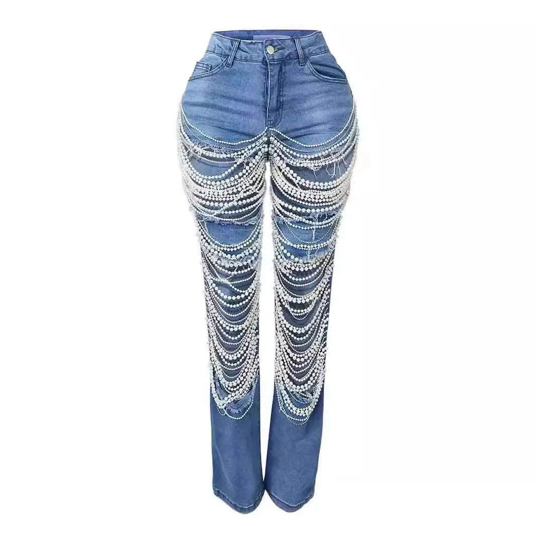 Women Fashion Pearl Beading Ripped Hollow Out Tassel Jeans