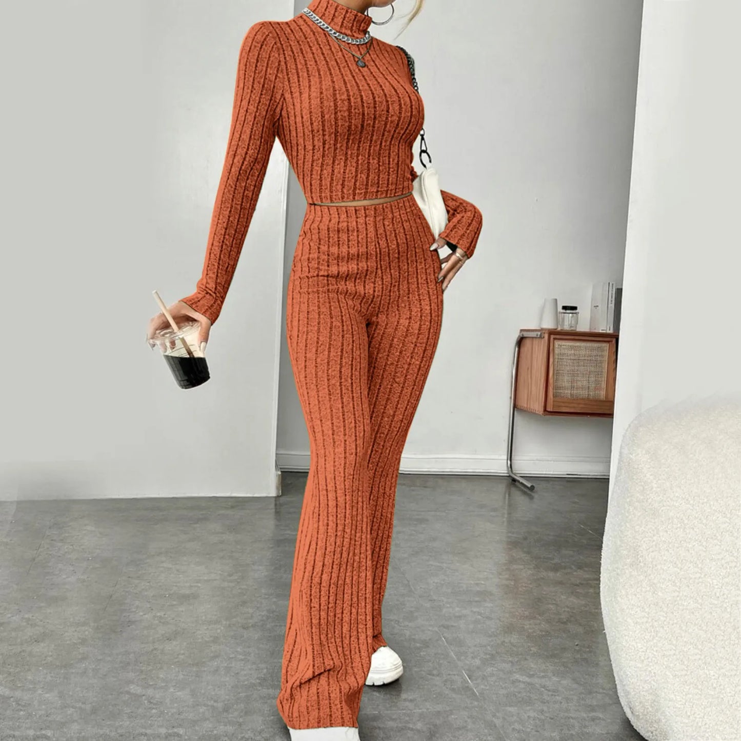 Casual Long Sleeve Knit Tops Pants Set Office Lady Fashion Elegant High Neck Slim Fit Tops Trousers 2 Pieces Set Outfit 2024