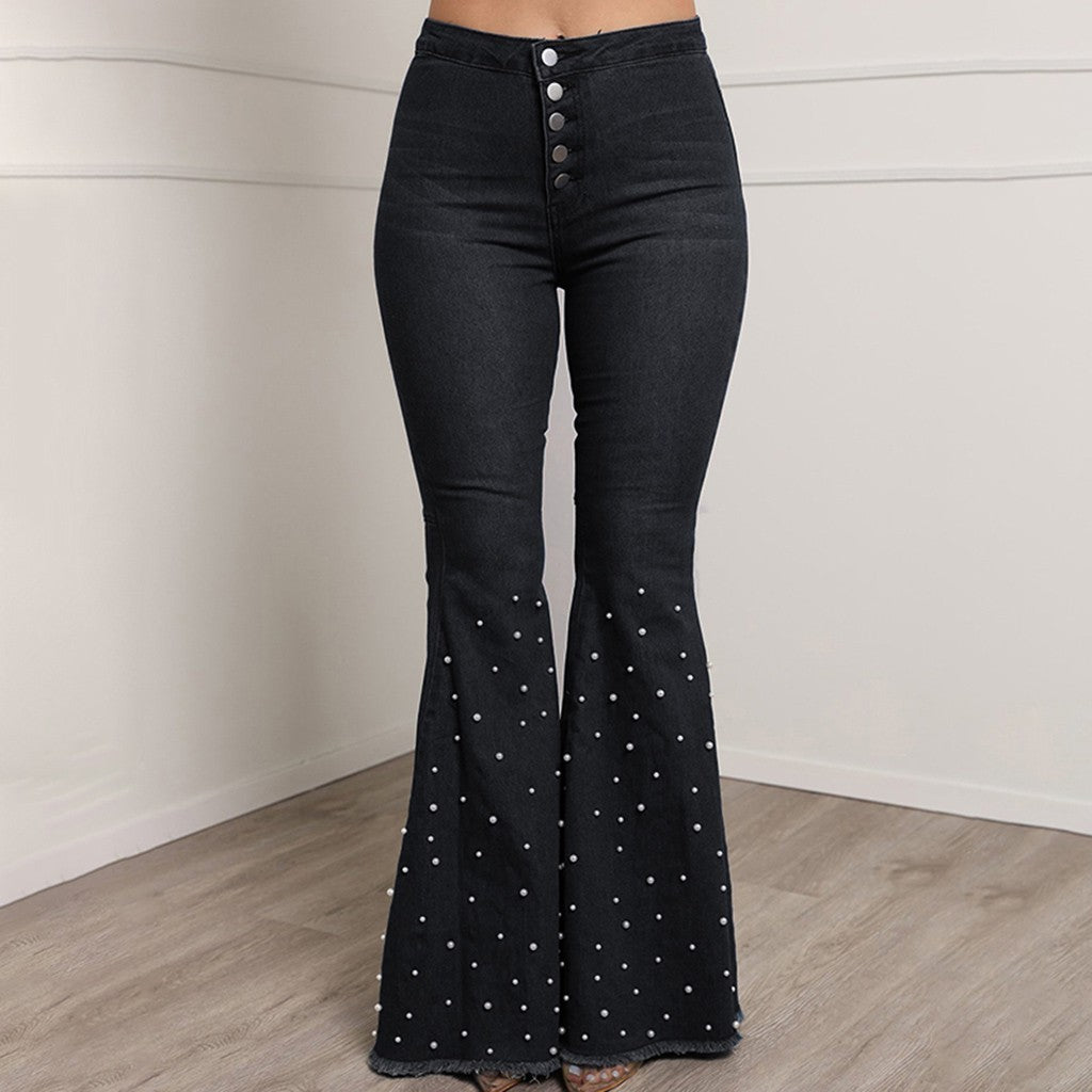 Denim Jeans For Women Plus Size High Waist Jeans Button Tassel Pants Trousers Bell-Bottom Pants Loose Straight Jeans Newjeans