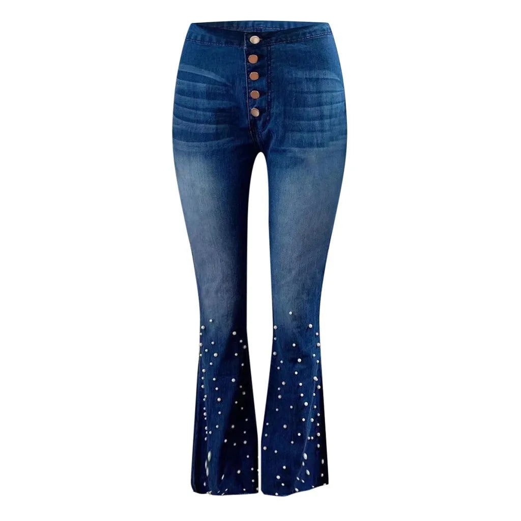 Denim Jeans For Women Plus Size High Waist Jeans Button Tassel Pants Trousers Bell-Bottom Pants Loose Straight Jeans Newjeans