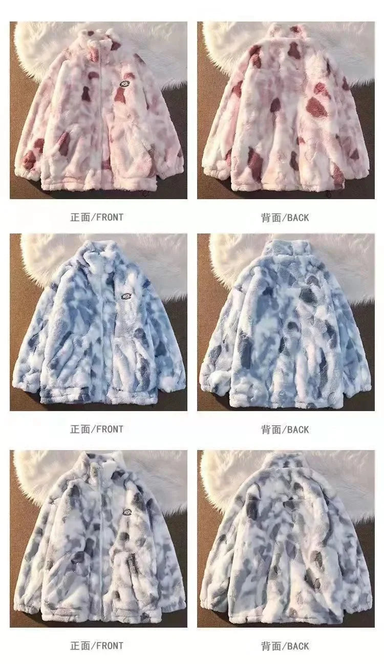 Women Tie Dye Fleece Jacket Coat 2024 Autumn Winter Girl Zipper Outerwear Warm Plush Jackets Harajuku Loose Female Blue Coat