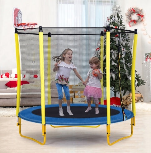 5.5FT Trampoline For Kids -65 Outdoor & Indoor Mini Toddler Trampoline With Enclosure, Basketball Hoop And Ball Included