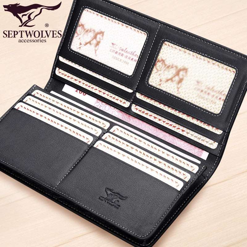 Septwolves Fashion Brand Men Wallets Genuine Leather Long Business Male Slim Bifold Wallet Card Holder