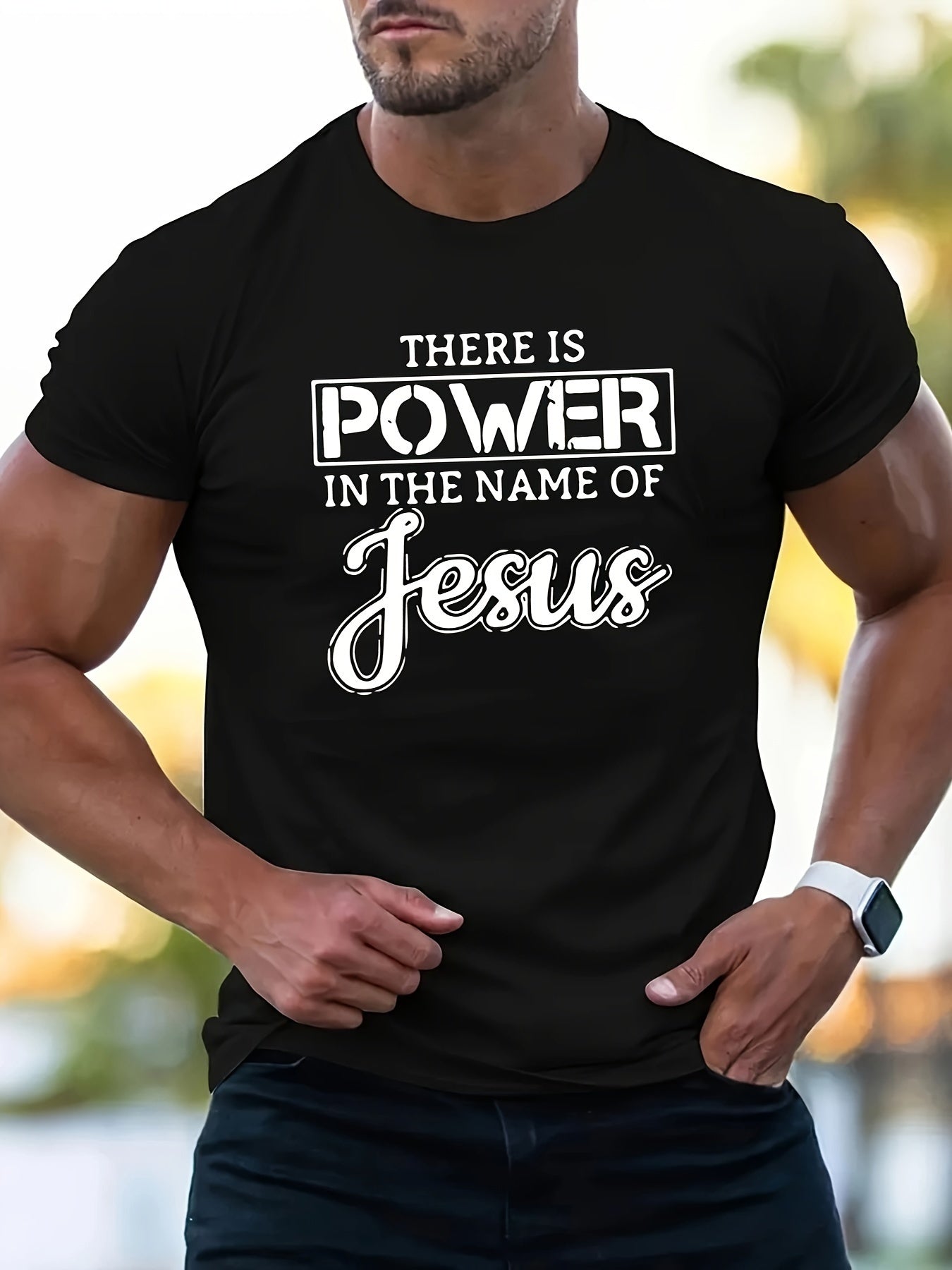 In The Name Of Jesus, There Is Power. Printed Men's Round Neck Short Sleeved T-shirt, Casual T-shirt, Fashionable, Comfortable, Breathable, Lightweight Summer Top