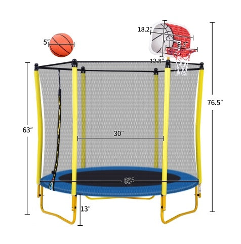 5.5FT Trampoline For Kids -65 Outdoor & Indoor Mini Toddler Trampoline With Enclosure, Basketball Hoop And Ball Included